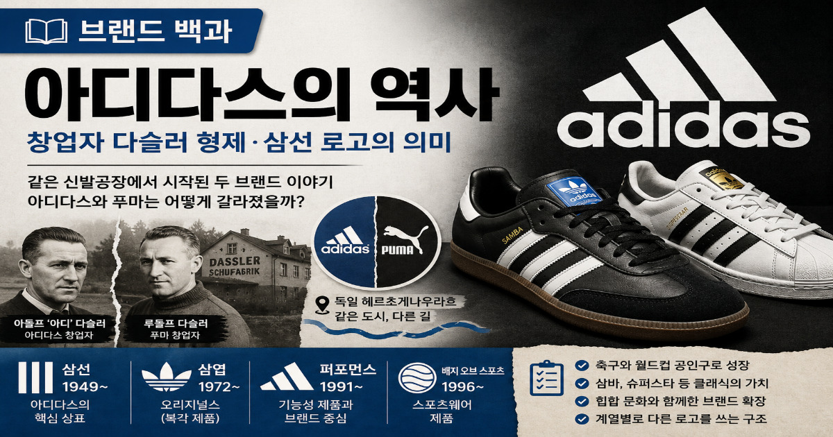 아디다스의 역사와 창업자 아디 다슬러, 삼선 로고를 소개하는 브랜드 백과 썸네일