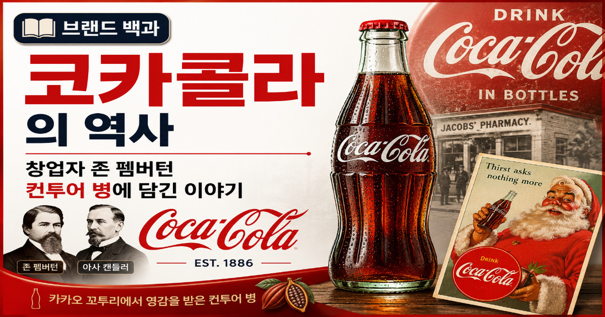 코카콜라의 역사와 창업자 존 펨버턴, 컨투어 병, 코카콜라 로고를 소개하는 브랜드 백과 썸네일