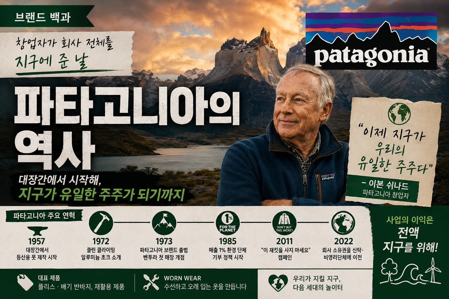 파타고니아의 역사와 창업자 이본 쉬나드, 2022년 회사 전체를 지구에 넘긴 과정을 소개하는 브랜드 백과 썸네일