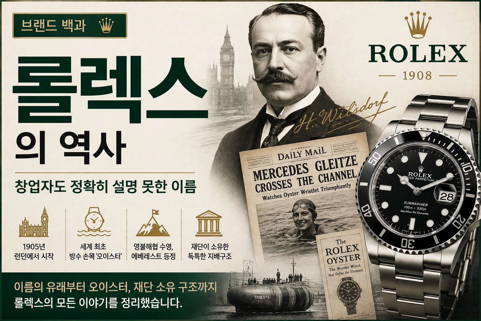 롤렉스의 역사와 창업자 한스 빌스도르프, 알파벳 조합 실험 끝에 만들어진 이름의 유래를 소개하는 브랜드 백과 썸네일
