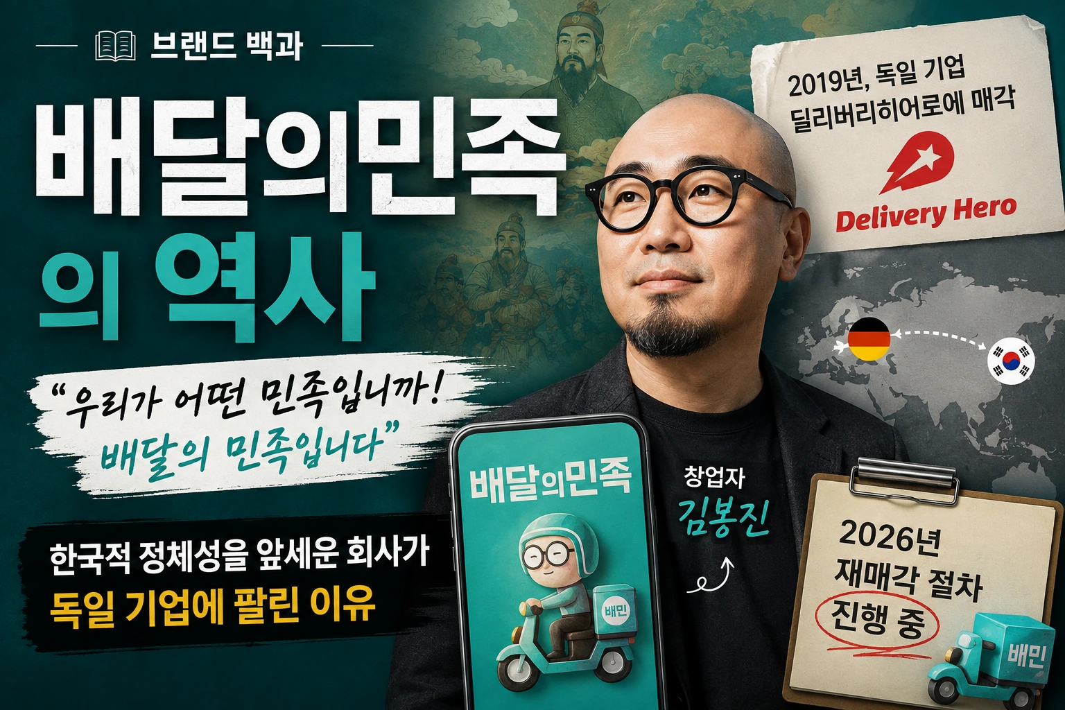 배달의민족의 역사와 창업자 김봉진, 한국적 정체성을 활용한 마케팅을 펼치던 회사가 외국 기업에 매각된 과정을 소개하는 브랜드 백과 썸네일