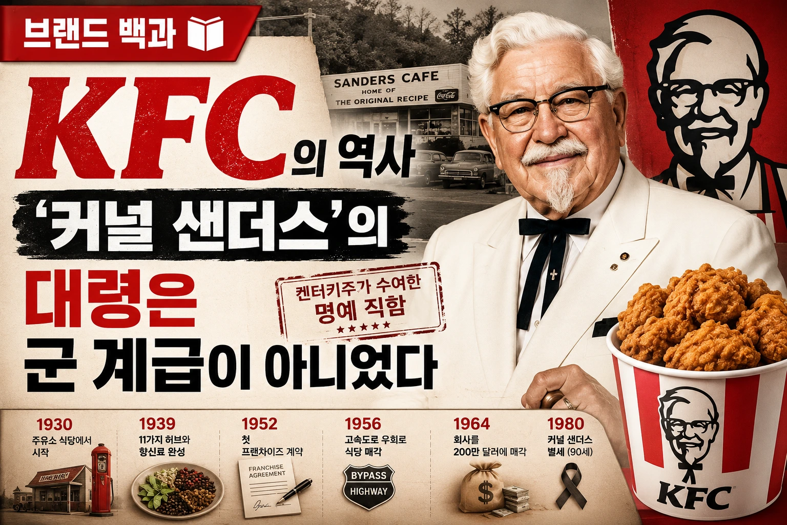 KFC의 역사와 창업자 커널 샌더스, 명예 직함이었던 '대령' 칭호의 진실을 소개하는 브랜드 백과 썸네일