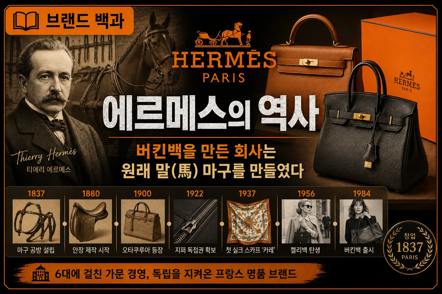 에르메스의 역사와 창업자 티에리 에르메스, 마구 공방에서 명품 브랜드로 성장한 과정을 소개하는 브랜드 백과 썸네일