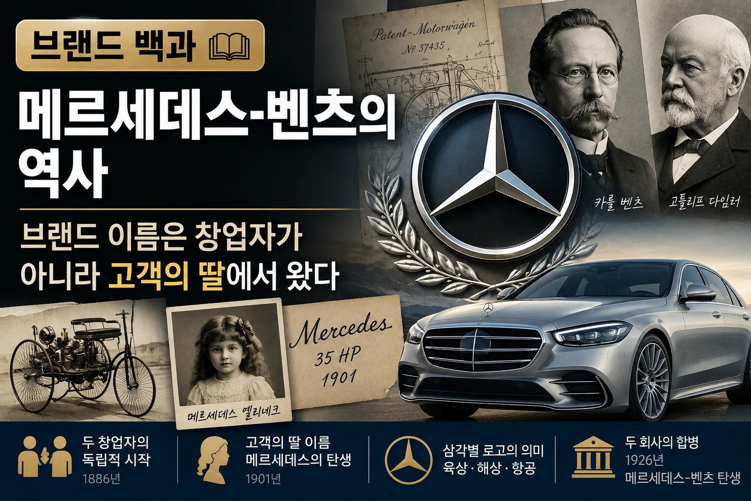 메르세데스-벤츠의 역사와 창업자 카를 벤츠, 고객의 딸 이름에서 브랜드명이 유래한 과정을 소개하는 브랜드 백과 썸네일
