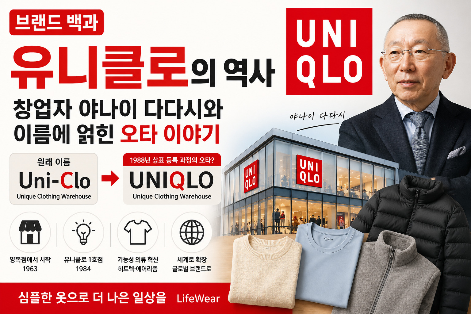 유니클로의 역사와 창업자 야나이 다다시, 이름에 얽힌 오타 이야기를 소개하는 브랜드 백과 썸네일