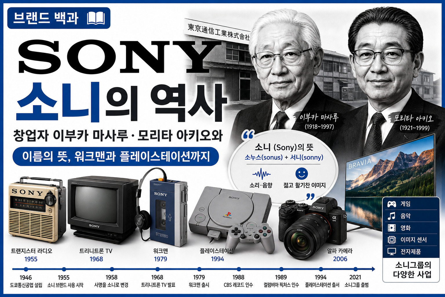 소니의 역사와 창업자 이부카 마사루·모리타 아키오, 이름의 뜻을 소개하는 브랜드 백과 썸네일