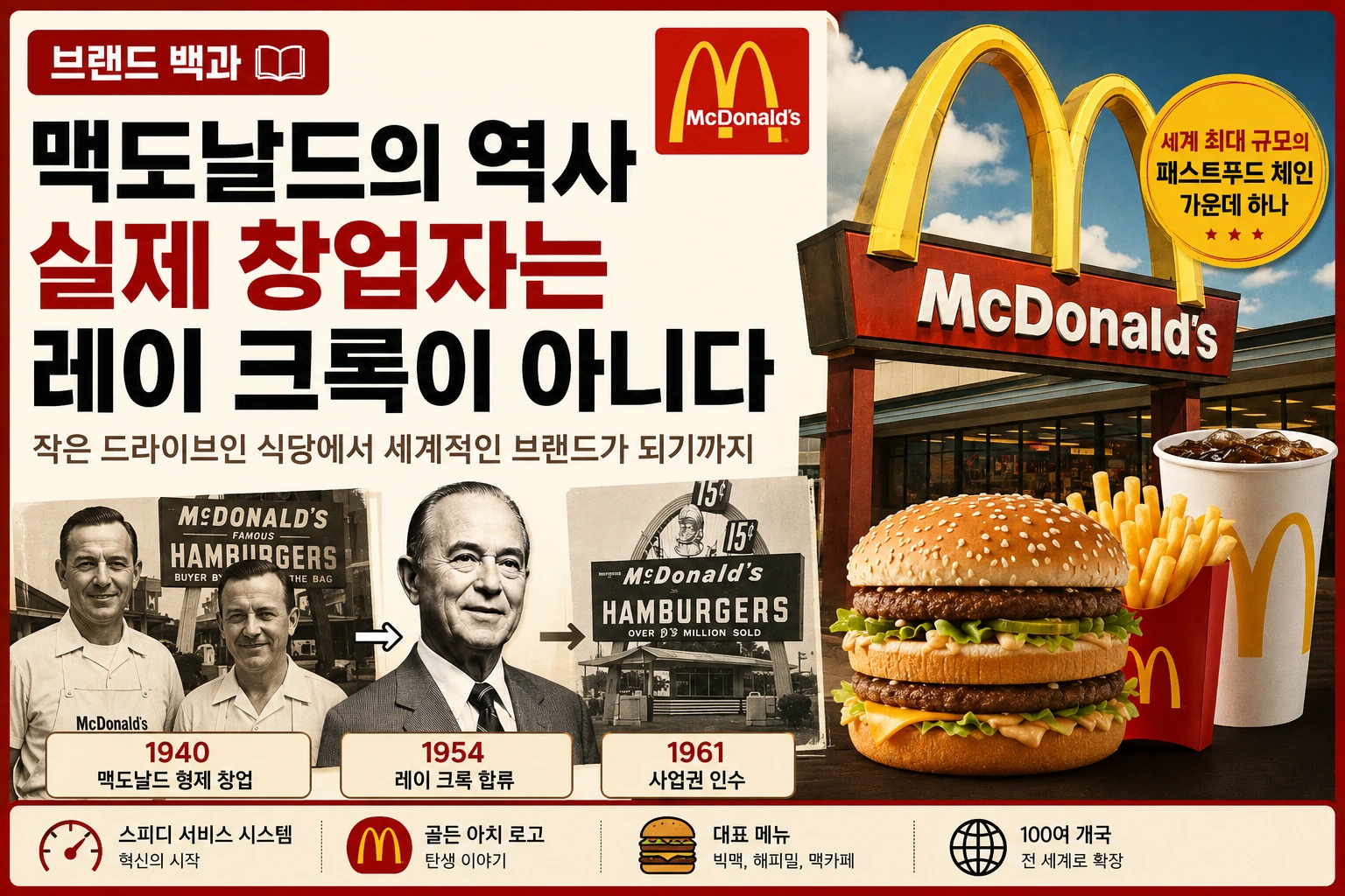 맥도날드의 역사와 실제 창업자 맥도날드 형제, 레이 크록이 사업권을 사들인 과정을 소개하는 브랜드 백과 썸네일