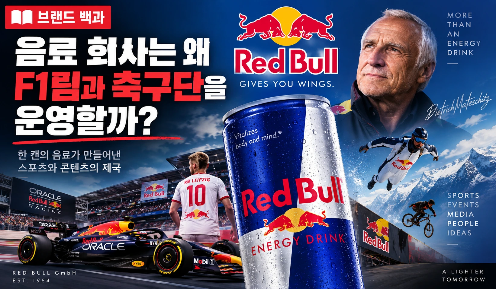 레드불의 역사와 태국 음료 끄라팅댕에서 시작된 창업 과정, 스포츠팀 운영 전략을 소개하는 브랜드 백과 썸네일
