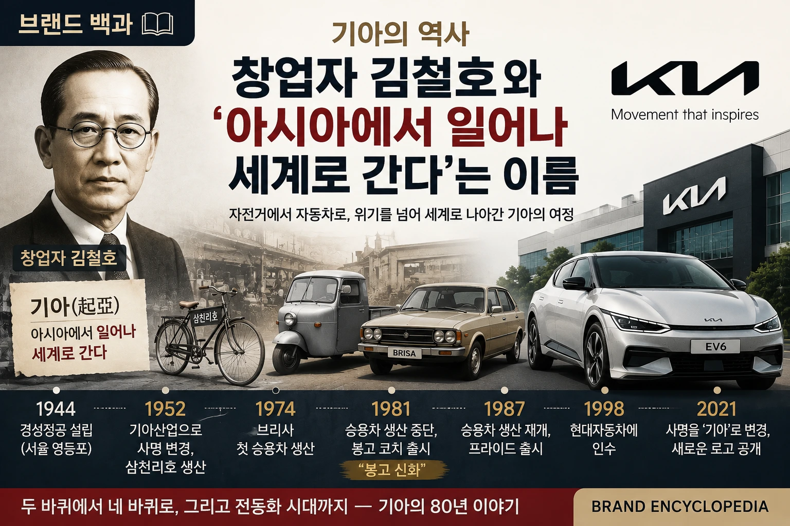 기아의 역사와 창업자 김철호, 자전거 삼천리호에서 자동차 회사로 성장한 과정과 기아 이름의 유래를 소개하는 브랜드 백과 썸네일