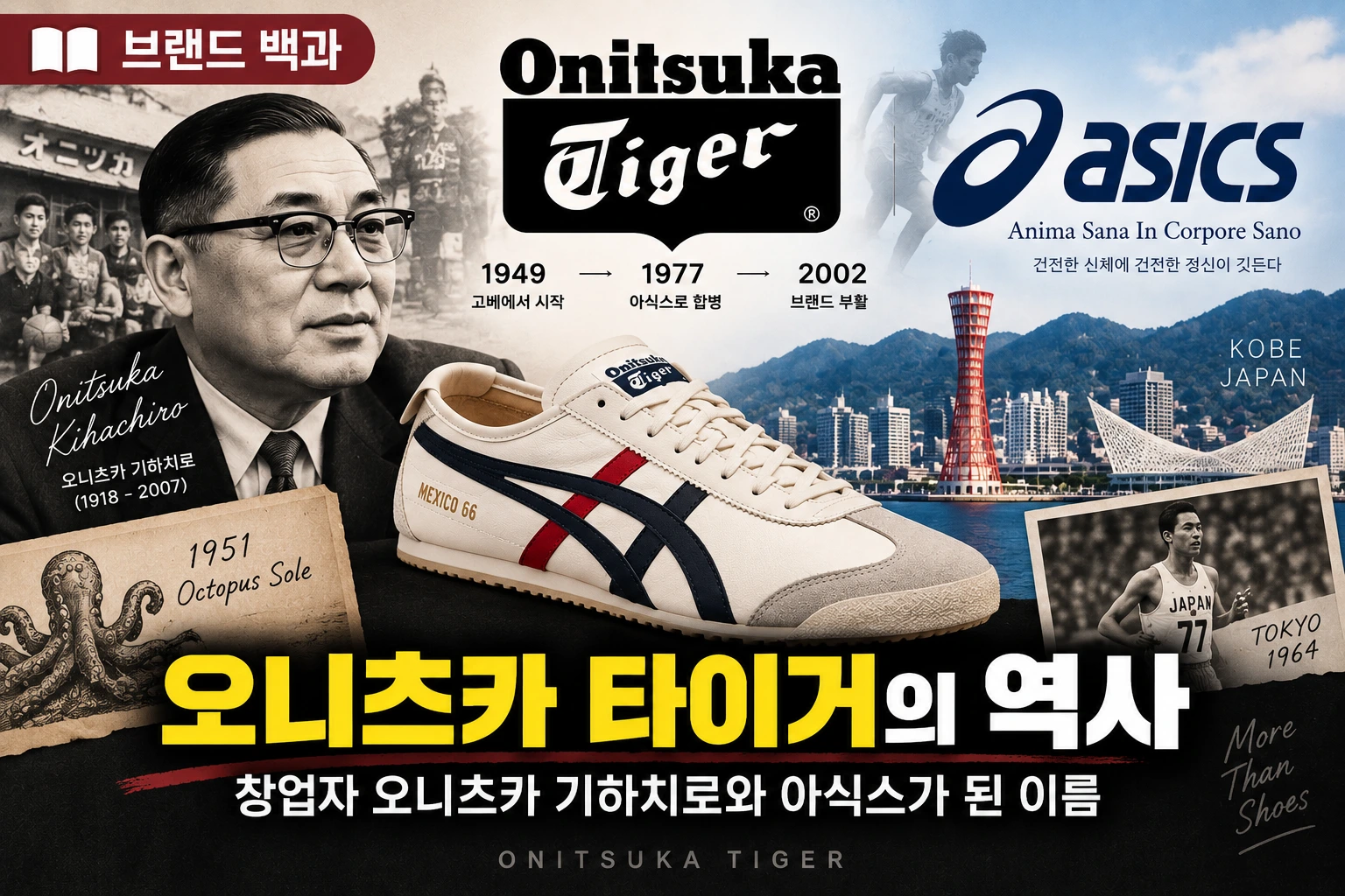 오니츠카 타이거의 역사와 창업자 오니츠카 기하치로, 고베에서 시작해 아식스가 되기까지의 과정과 나이키와의 관계를 소개하는 브랜드 백과 썸네일