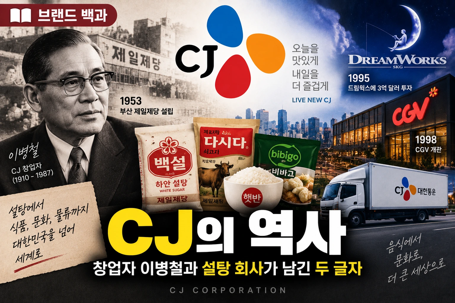 CJ의 역사와 창업자 이병철, 제일제당에서 시작해 식품과 콘텐츠 기업이 되기까지의 과정과 CJ 이름의 유래를 소개하는 브랜드 백과 썸네일