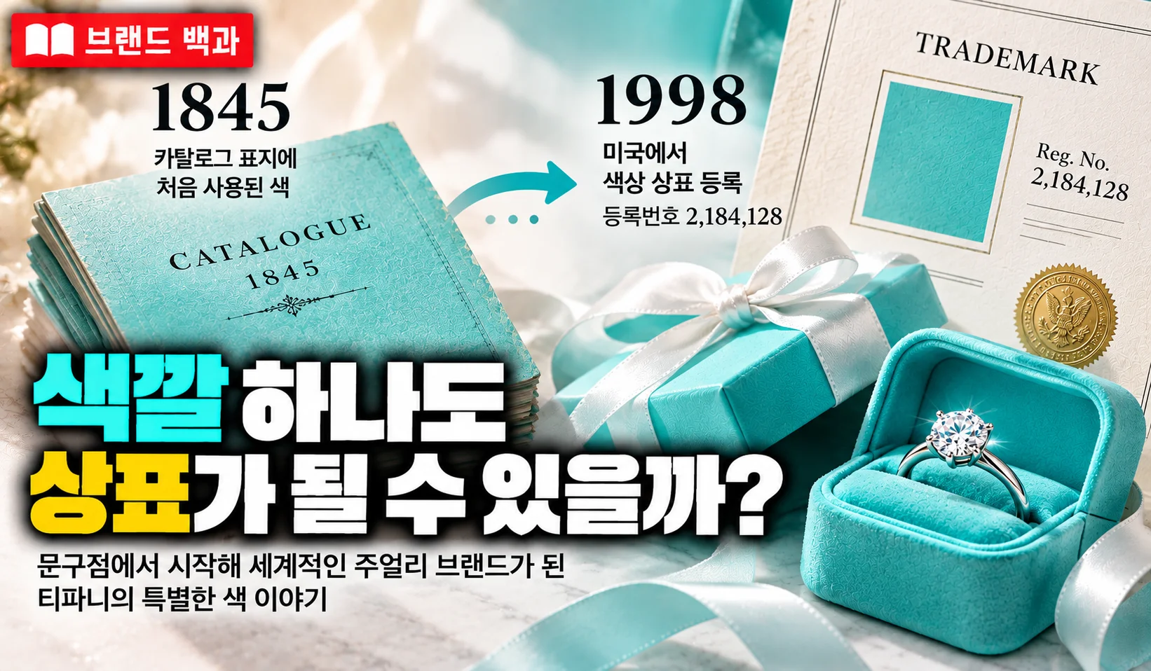 티파니 블루의 역사와 1845년 카탈로그 색상 사용부터 1998년 미국 색상 상표 등록까지의 과정을 보여주는 브랜드 백과 이미지